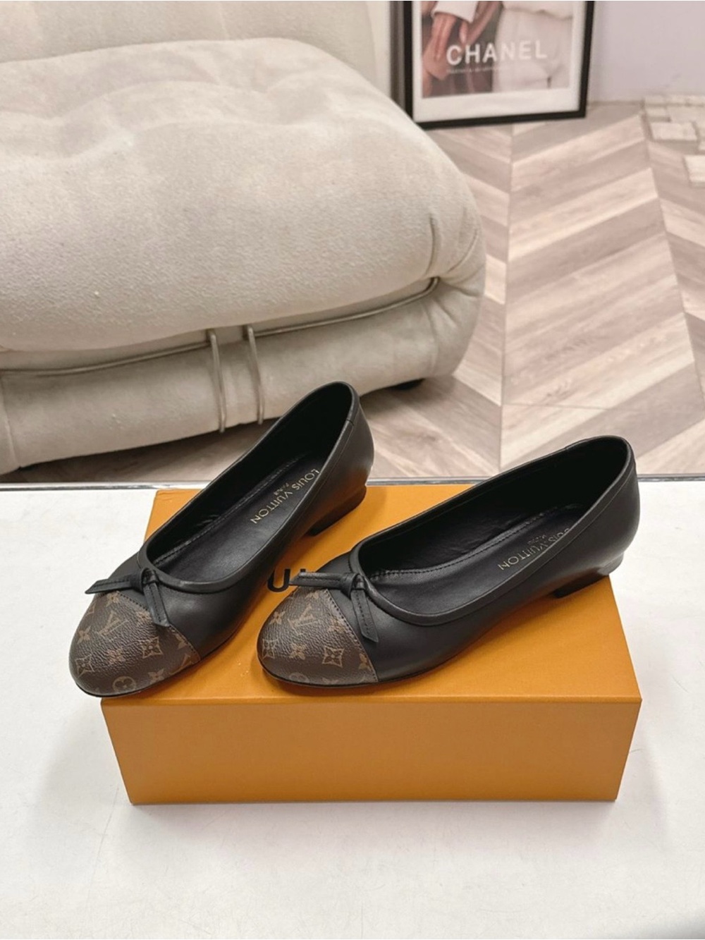 Louis Vuitton Black Leather Ballerina Flats with Monogram Brown Cap Toe - Picture 2 of 2